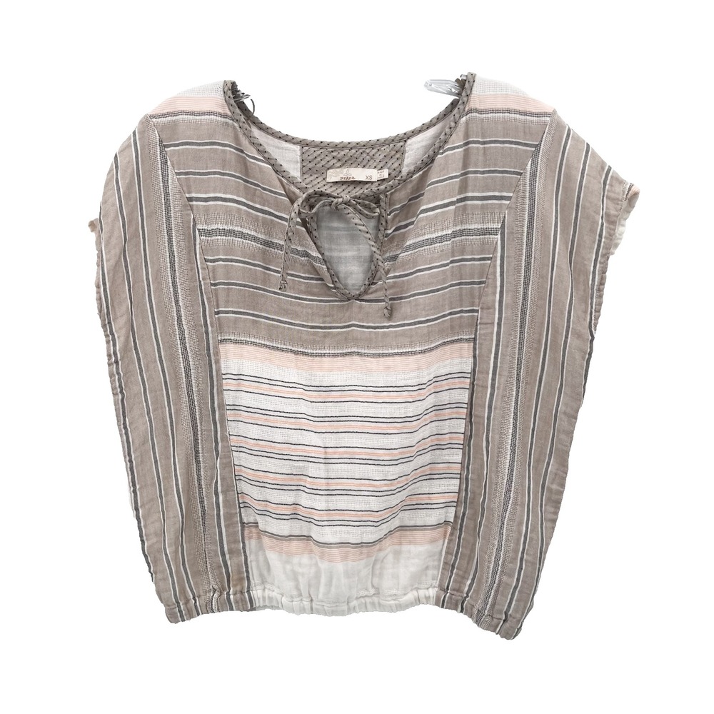 PRANA Womens XS Beige/White/Peach Striped Organic Cotton Cap-Sleeve Tie-Neck Top